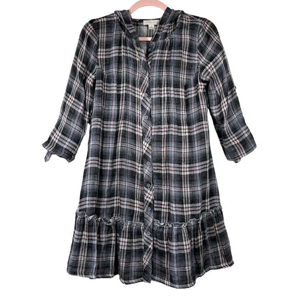 MONTEAU Blue Red Plaid 3/4 Sleeve Hooded Button Down Mini Dress Small - Picture 1 of 9